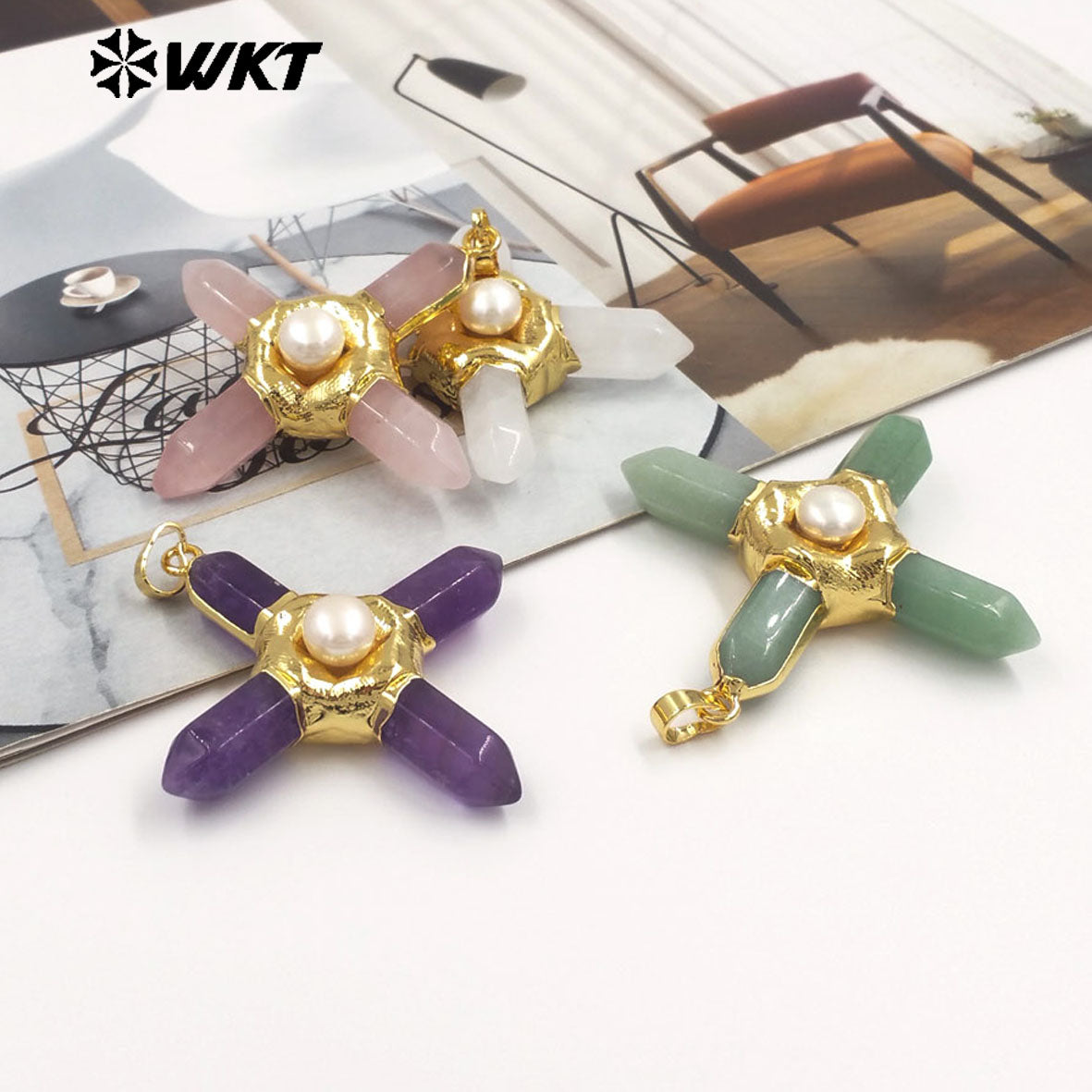 WT-P1967 Wholesale Fashion Gold Plated Cross Healing Energy Gemstone Point Anchor Pendants Special Rose Quartz Jewelry