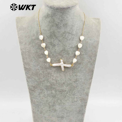 WT-JN301 Wholesale Private Label Religious 18K Gold Plated Love Beads Cross Pendant Women Necklace As Birthday Gift Jewelry