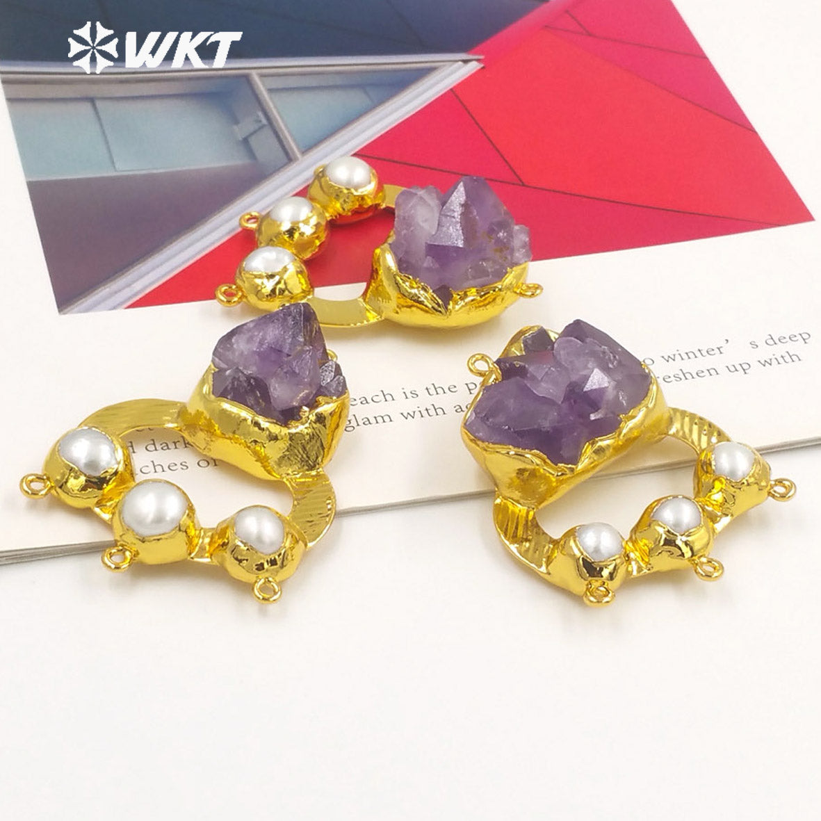 WT-P1950 Wholesale Fashion Handmade Carved Natural Amethyst and Pearl Pendant for Lady Necklace Design Pendants