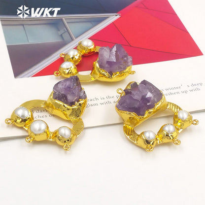 WT-P1950 Wholesale Fashion Handmade Carved Natural Amethyst and Pearl Pendant for Lady Necklace Design Pendants