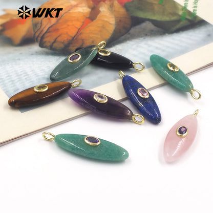 WT-P2053 Popular Style Zircon Gold Plated Natural Gemstones Long Oval Shape Pendants For Women Necklace Making Findings