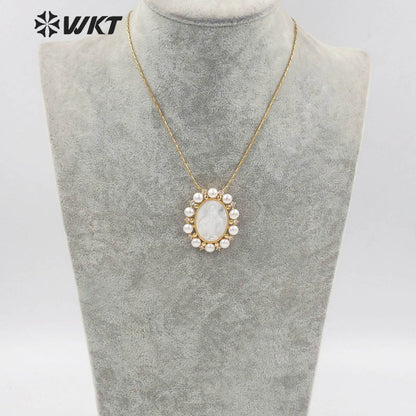 WT-JN164 WKT Wholesale Beautiful White Shell&pearl Nice Wedding Jewelry Necklace for Women Fashion Religious Mary Necklace