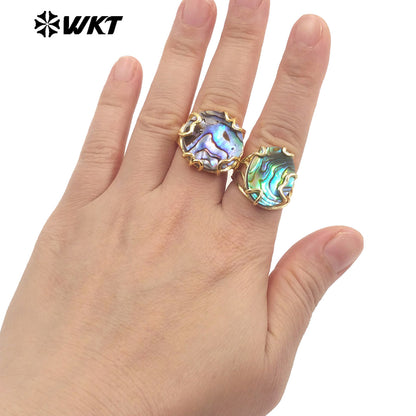 WT-MPR124 Women 18K Gold Plated Clawing Setting With Natural Round and Oval Abalone Shell Ring in Adjustable Size