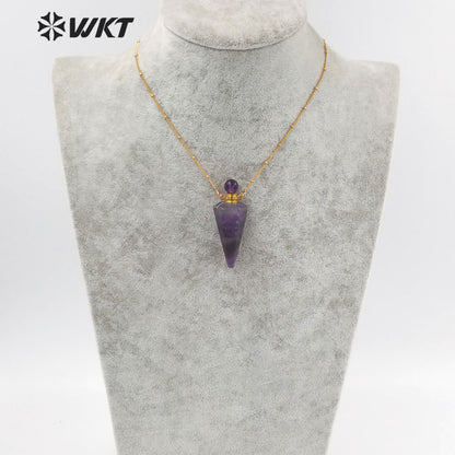 WT-N1407 Amazing Big Long Bullet Shape Natural Gemstone Made Perfume Bottle Necklace Women Essencial Oil Bottle Necklace