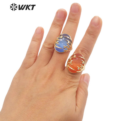 WT-R453 Wholesale Fashion Gold Bezel Claw Setting Oval Stone Ring Women Unique Trendy Cat Eye Stone Made Jewelry Party Ring