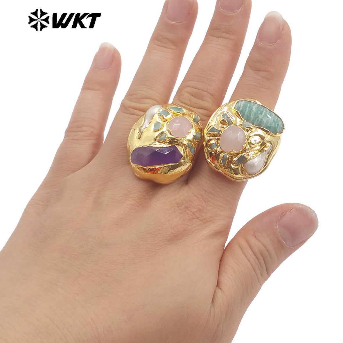 WT-MPR139 Wholesale Gorgeous Trend Style Multi Stones With Natural Pearl Gold Plated Rings For Women Beautiful Jewelry Gift