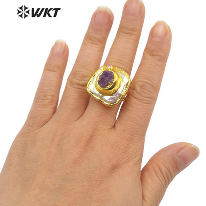 WT-MPR030 Sophisticated Design Ring Craft Pearl Ring Natural Stone Amethyst Shape 18k Gold Plated Women Stone Rings
