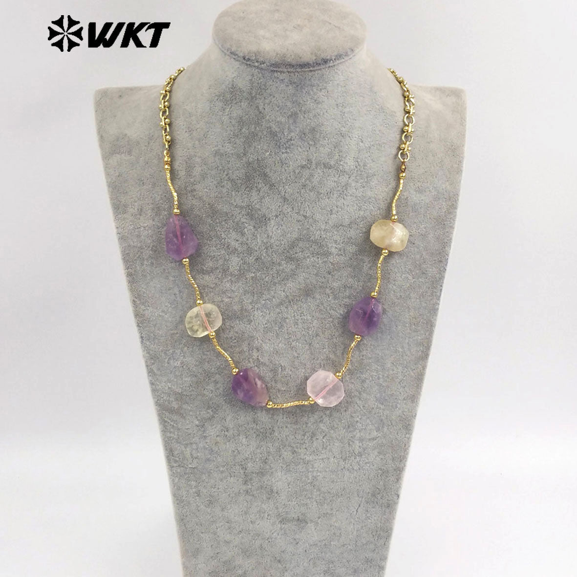 WT-N1492 Wonderful Design Lady Fashion Gorgeous Precious Natural Amethyst and Rose Quartz Cushion Stone Handmade Necklace