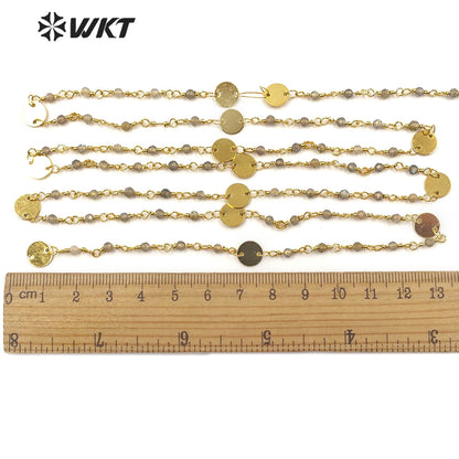 WT-RBC149 Shiny Labradorite Beads Chain Stylish Gold Plated Labradorite Rosary Beads Chain for DIY Jewelry Making
