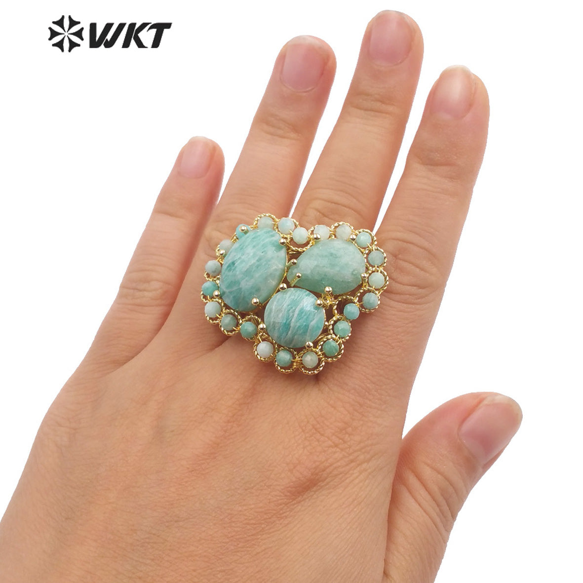 WT-R452 Newest Gold Bezel Natural Gemstone Cocktail Ring Big Exaggerated Luxury Gold Plated Women Triple Stone Ring