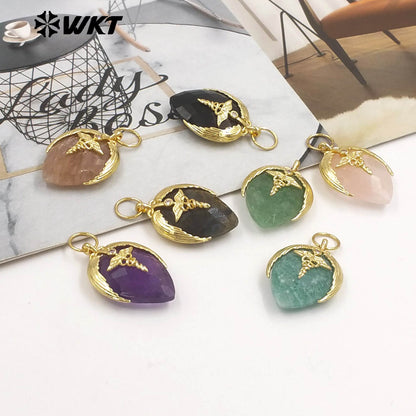 WT-P2014 Newest Fashion Style Strawberry Shape Gold Plated Natural Gemstones Little Pendant For Necklace Earrings Making