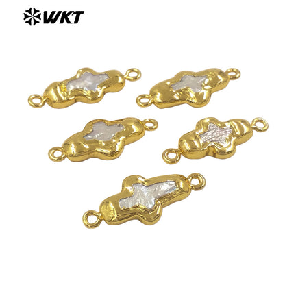 WT-PC018 Newest Exquisite Gold Electroplated Natural Freshwater Pearl Cross Little Connector As Friends DIY Gift Findings