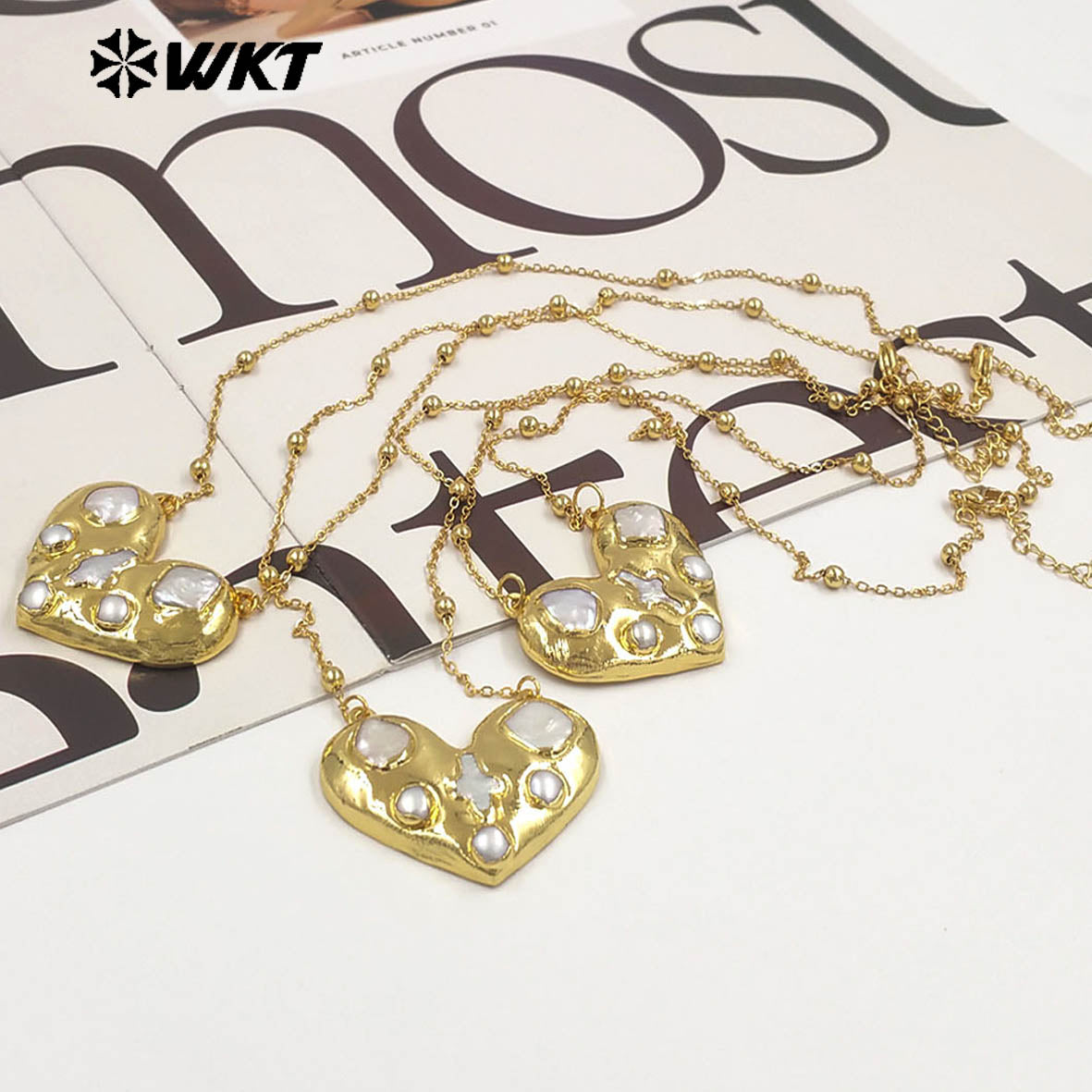 WT-JN381 Beautiful Thin Bead Chain With Gold Electroplated Natural Freshwater Pearl Heart Shape Pendant Necklace For Girl Gift