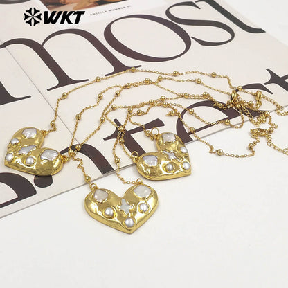WT-JN381 Beautiful Thin Bead Chain With Gold Electroplated Natural Freshwater Pearl Heart Shape Pendant Necklace For Girl Gift