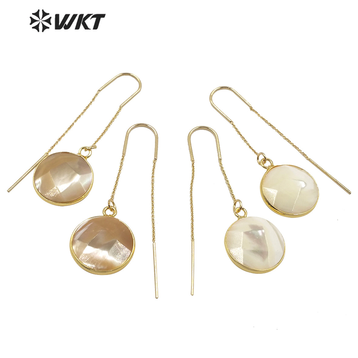 WT-E600 Stylish Round Faceted Polish Bright Shell Dangle Earrings Gold Bezel Charm Lady Round Shell Earrings for Gift