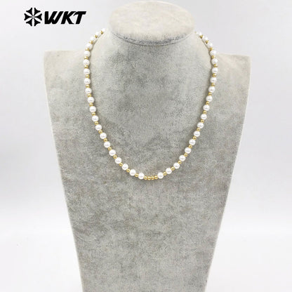 WT-JFN21 WKT 18 Inch Long 6mm Artificial Shell Pearl Space Beads Hand Strand Necklace in Real Gold Plated