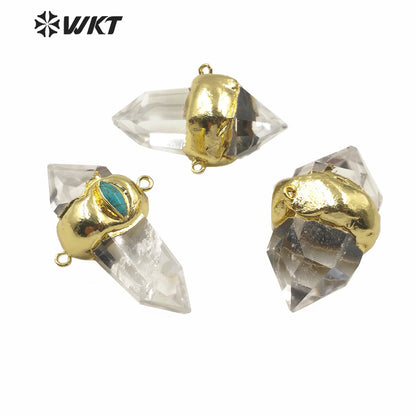 WT-P1552 Most Populared Double Loops Turquoise Charm Natural Crystal Quartz Point Pendant Healing Quartz Point Pendant Jewelry