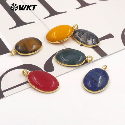 WT-P2103 Newest Product Colorful Natural Gemstones Round Smooth Gold Little Pendants As Unisex Handmade Necklace Findings