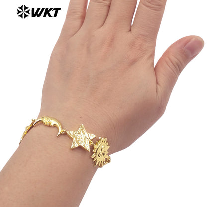 WT-JF373 Exquisite Gold Plated Metal Yellow Brass Moon Sun Star Charms Connected Bracelets For Friends Trendy Jewelry Gift