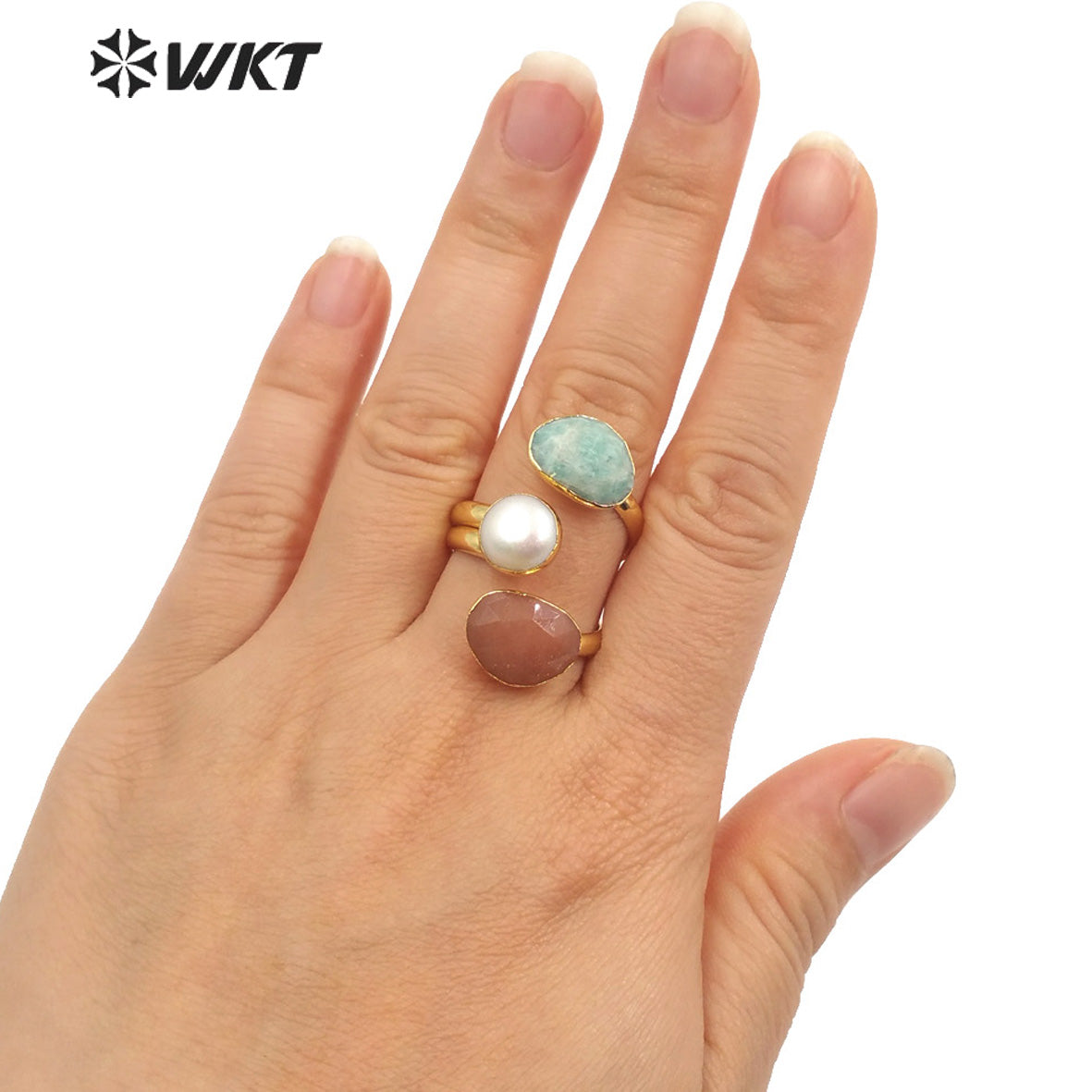 WT-R407 Niche Design Multiple Gemstone Pearl Rings Adjustable Rings Delicate Charming 18k Gold Plated Gifts Natural Stone Rings