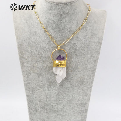 WT-N1275 Unique New Design Popular Natural Cluster Quartz Necklace With Amethyst Decorative Fashion Gold White Crystal Necklace