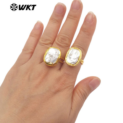 WT-MPR167 Simple Popular Gold Plated Natural Freshwater Pearl Square Ring Adjustable Size For Lady Elegant Style Accessory
