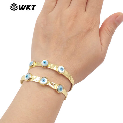 MPB113 Women Open Cuff Fashion Vintage Style Energy Religious Shell Turkey Eye Bangle for Women in 18K Real Gold Plated