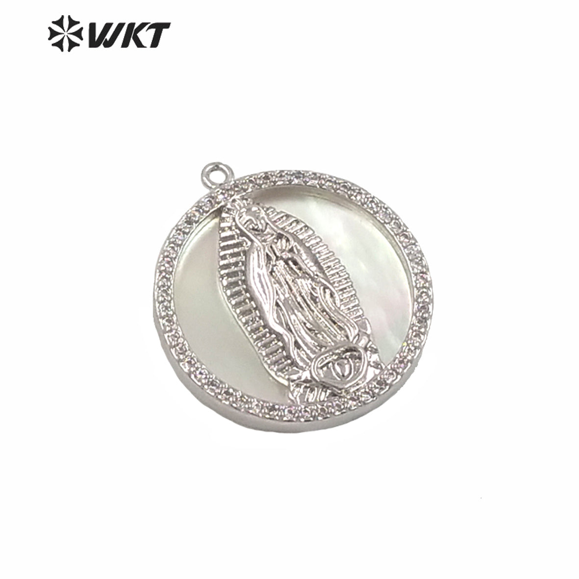 WT-MP144 WKT New Small Size White MOP Shell Virgin Mary Religious Pendant Hot Gold Electroplated Round Coin Mary Pendant