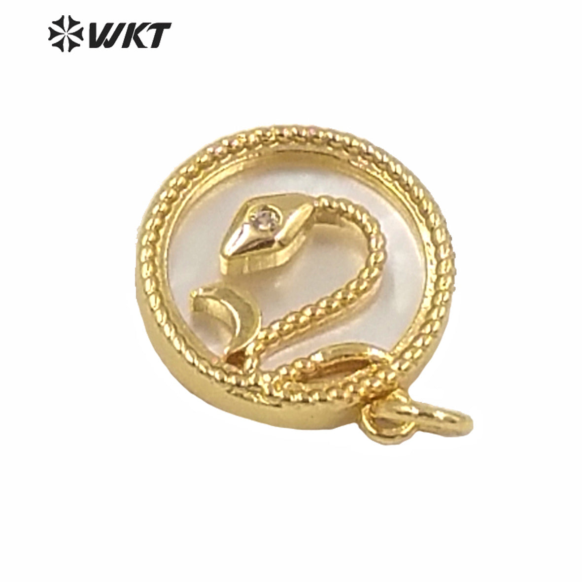 WT-MP178 WKT New White Mother of Pearl Gold Bezel Shell Pendant Lady Fashion Micro Pave Snake Cz Pendants in 15mm