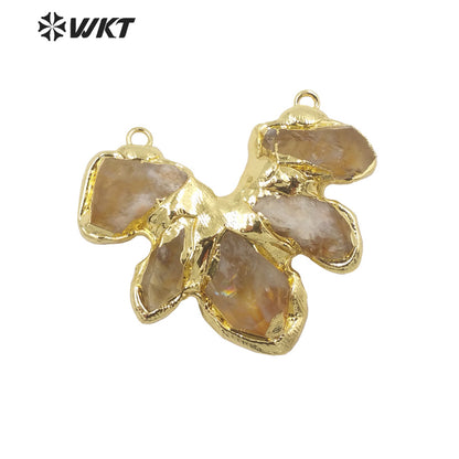 WT-C313 Amazing Handmade Natural Raw Amethyst and Yellow Citrine Quartz Pendant Gold Double Loops Stone Statement Connector