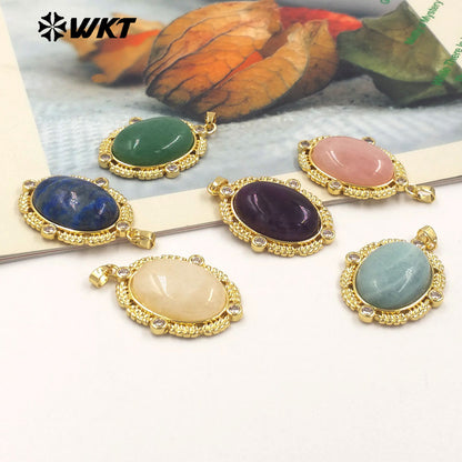 WT-P1985 Wholesale Fashion Gold Bezel Setting With Zircon Around Natural Oval Rose Quartz Stone Pendant for Necklace