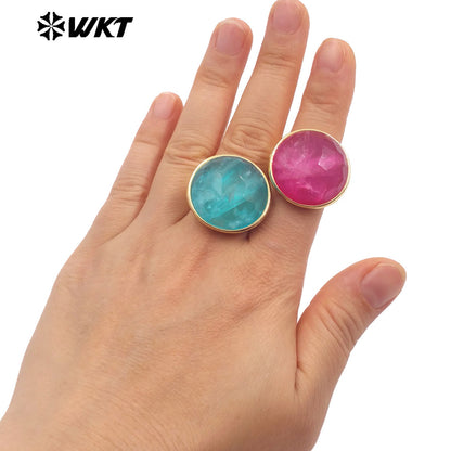 WT-R514 Wholesale New Design Big Round Natural Jade Spring Bright Color Women Gold Ring in Adjustable