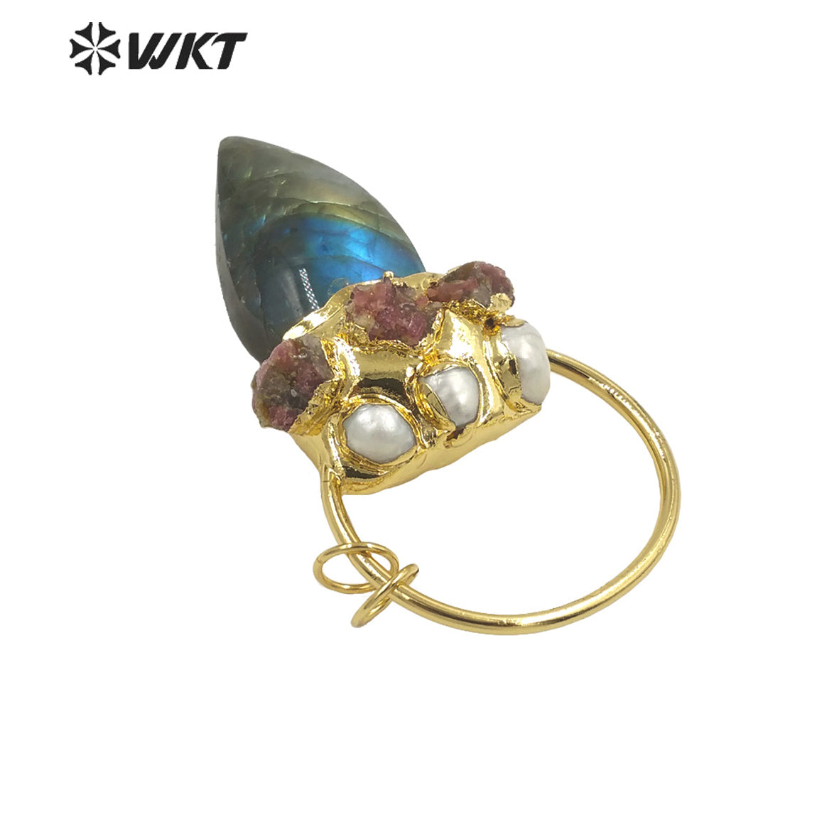 WT-P1894 Wholesale Fashion Gold Plated With Big Ring Stone Pendant Gorgeous Handmade Pearl Labradorite Horn Pendant Jewelry