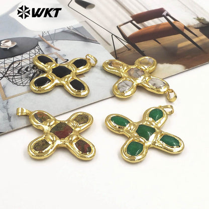 WT-P2034 Good Quality Trendy Style 18K Gold Plated Five Natural Stones Cross Pendants For Women Fashion Necklace DIY Findings
