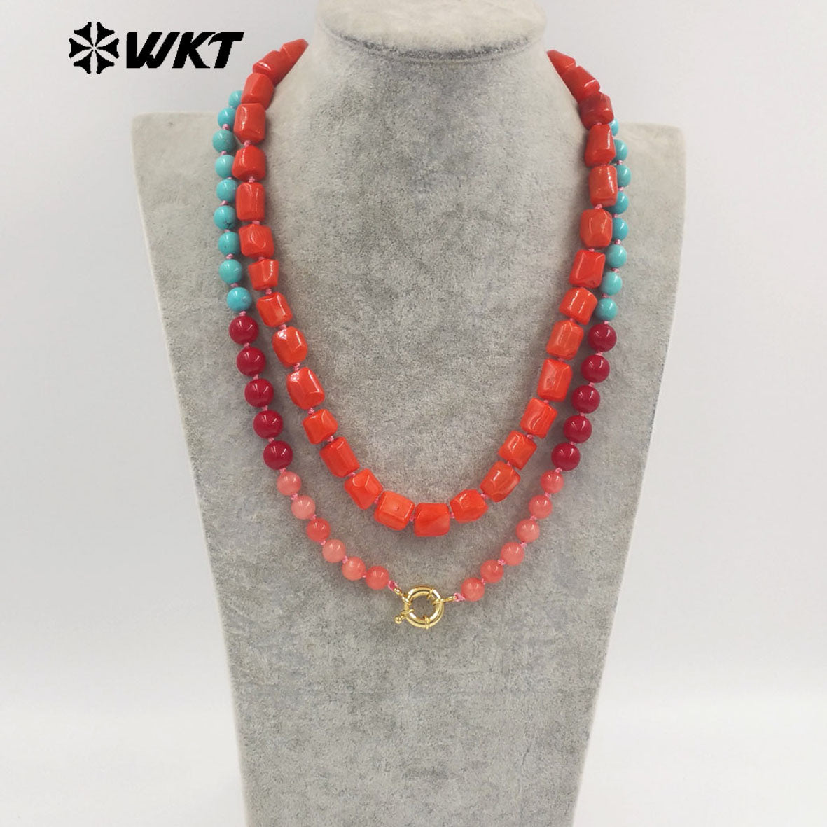 WT-N1504 High Quality Length 108CM Natural Turquoise And Red Coral Splicing Long Women Necklace For Party Matching Jewelry