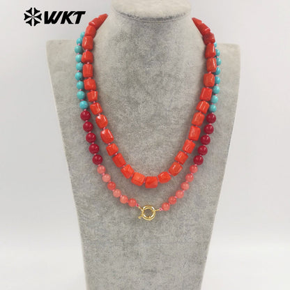 WT-N1504 High Quality Length 108CM Natural Turquoise And Red Coral Splicing Long Women Necklace For Party Matching Jewelry