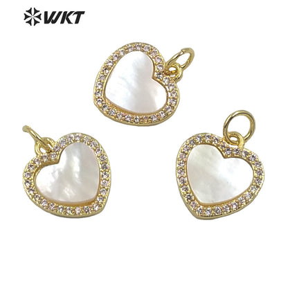 WT-MP199 Newest Tiny Charm Natural Mother of Pearl Shell With CZ Setting Lady Gold Bezel White Heart Charms in Shell
