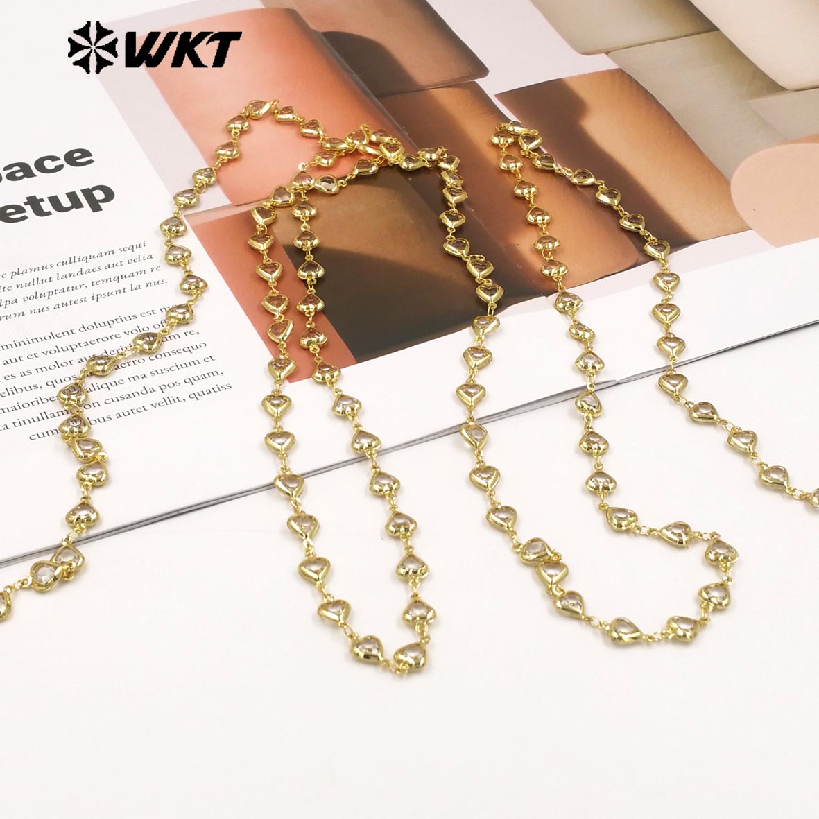 WT-BC278 Romantic Design Gold Plated Yellow Brass And Crystal Heart Shape Metal Chain As Women Necklace DIY Accessories