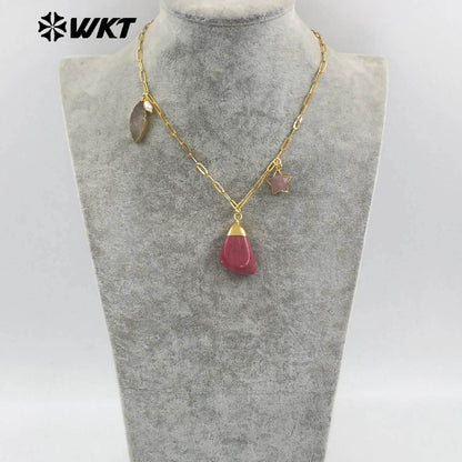 WT-N1489 Unique Design Natural Gemstones Necklace Gold Plated Chain With Three Stone Charms for Ladies Fashion Jewelry Gift