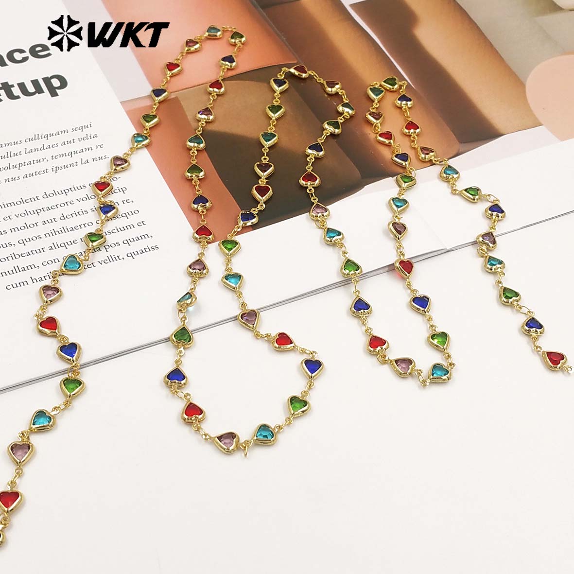 WT-BC280 Lovely Style Gold Plated Yellow Brass And Colorful Crystal Heart Shape Chain For Lady Party Bracelets DIY Design