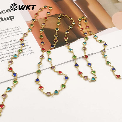 WT-BC280 Lovely Style Gold Plated Yellow Brass And Colorful Crystal Heart Shape Chain For Lady Party Bracelets DIY Design