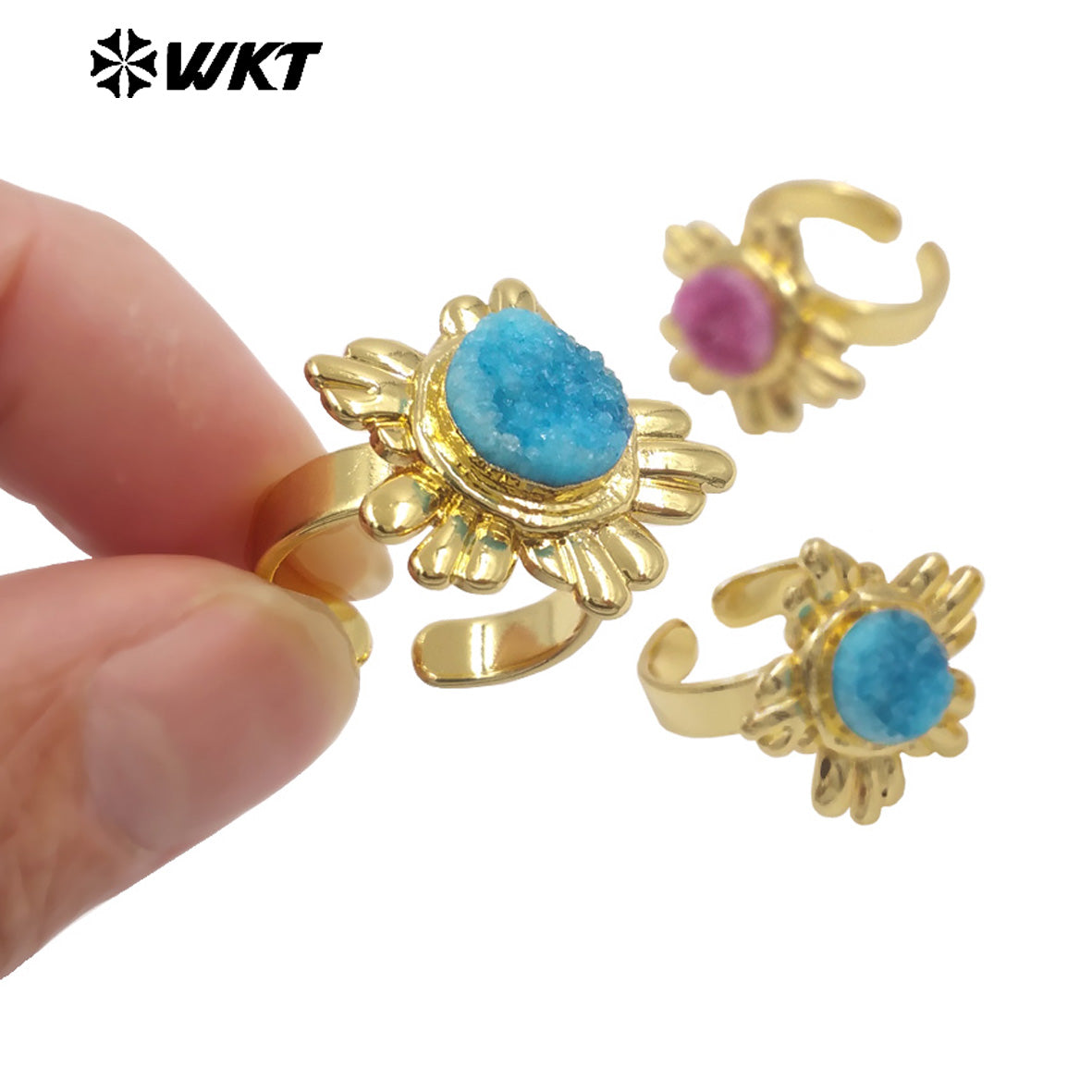 WT-R609 Beautiful Gold Plated Natural Druzy Quartz Stone Sun Flower Shape Women Rings For Party Trendy Wearing Accessory