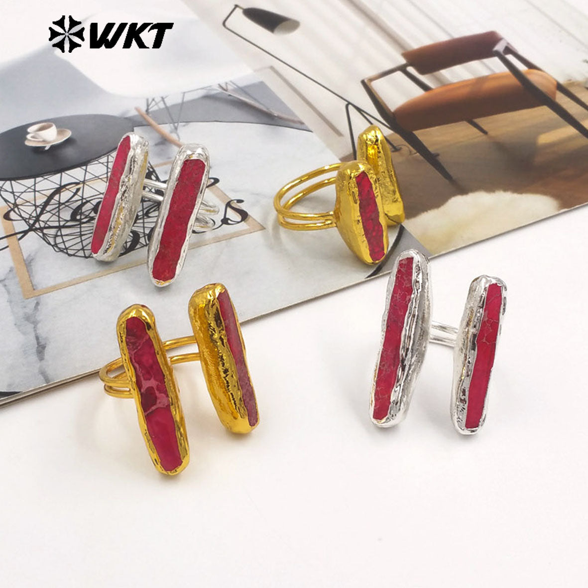 WT-R569 Beautiful Wholesale Fashion Natural Green Turquoise Ring Adjustable Size With 18K Gold Plated Ladies Luxury Jewelry