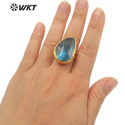 WT-R386 WKT 2022 New Style Natural Labradorite Ring Oval Shape Waterdrop Shape Noble Ring Natural Gemstone Ring for Girls Gift