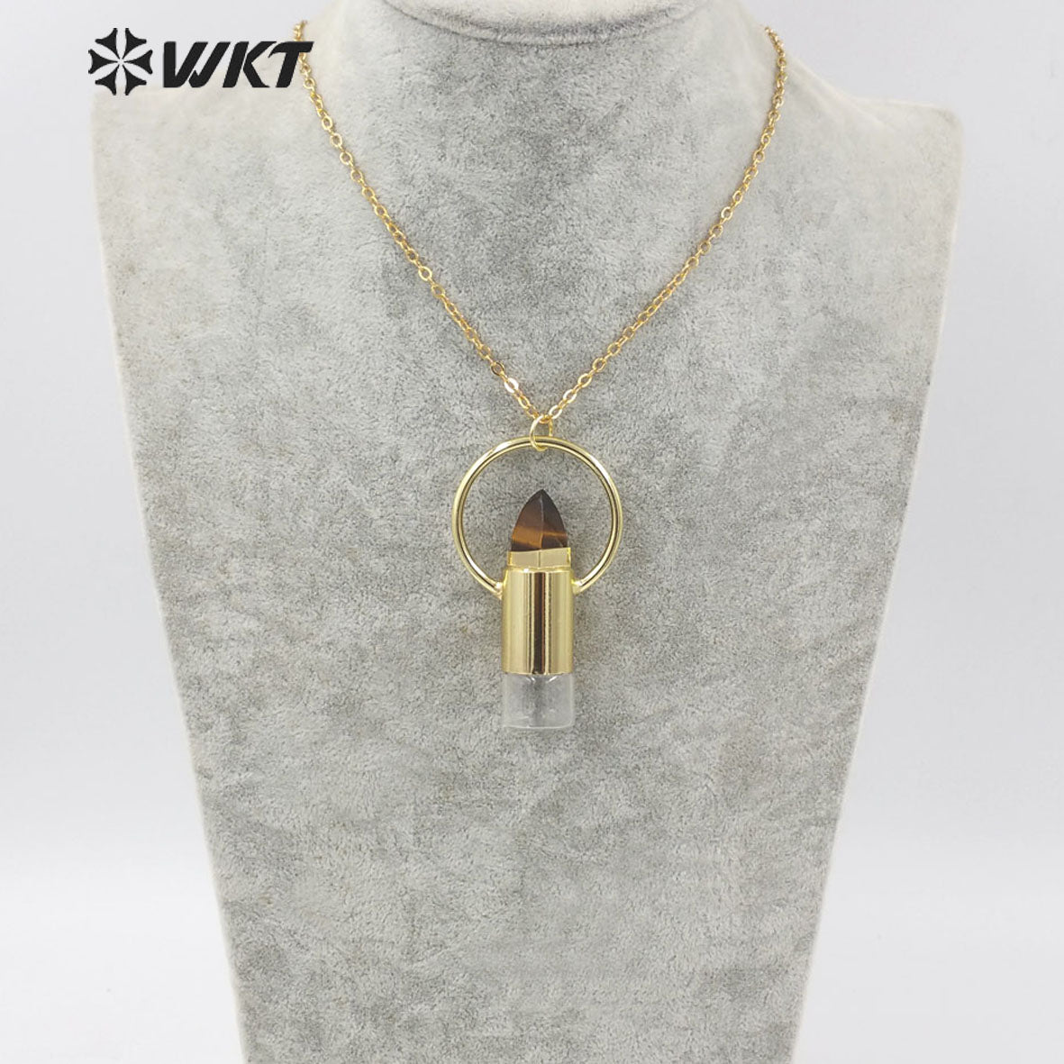 WT-N1295 WKT Women Bohemian Style Gold Plated Roll Gemstone Perfume Bottle Necklace Big Healing Stone Quartz Perfume Bottle