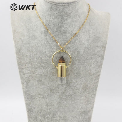 WT-N1295 WKT Women Bohemian Style Gold Plated Roll Gemstone Perfume Bottle Necklace Big Healing Stone Quartz Perfume Bottle