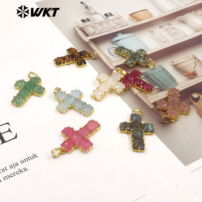 WT-P2113 Wonderful Gold Plated Square Natural Gemstones Splicing Cross Shape Pendants As Friend Handmade Jewelry Gift Findings