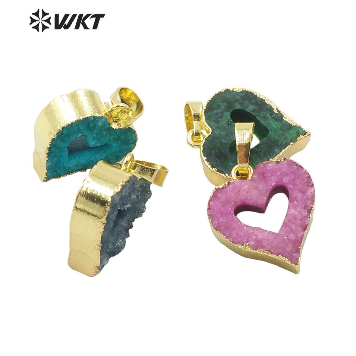 WT-P1668 Wholesale Fashion Small Hollow Heart Druzy Quartz Pendant Resist Tarnishable Gold Trim Druzy Heart Pendant
