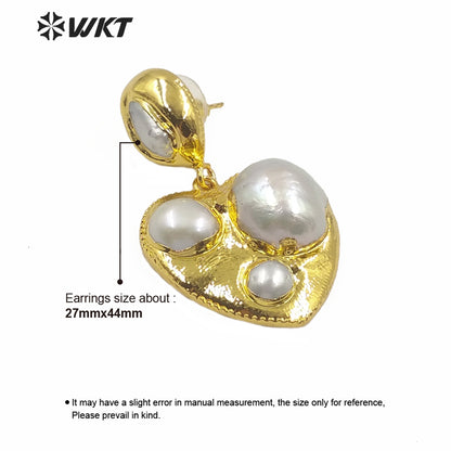 WT-MPE019 Gold Plated Freshwater Pearl Heart Earring Lady Classic Jewelry Natural Pearl Heart Shape Earring
