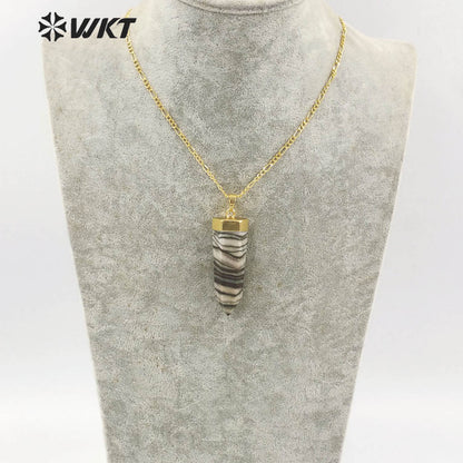 WT-N1301 New Stone Fashion Hexagon Spirit Jade Stone Pendant Necklace 18 Inch Long Chain Women Gold Stone Necklace